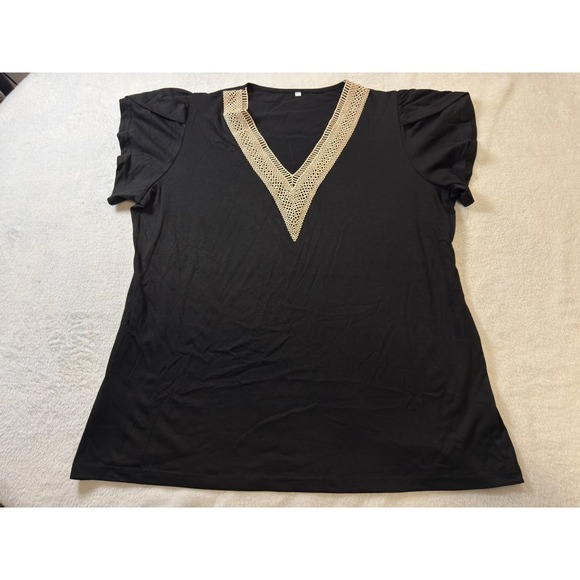 YGJKLIS Womens Black V Neck Short Sleeve Top Lace Trimmed Tunic Shirt XL - Picture 2 of 10